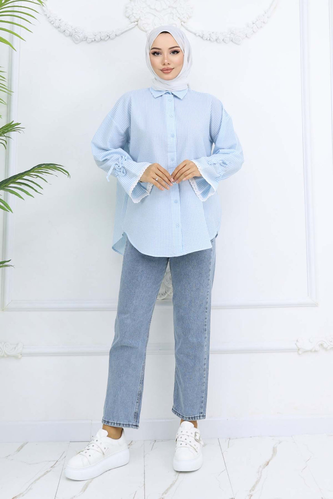 BNG Women Kolları Fisto Detaylı Çizgili Gömlek Turkuaz 2226 - Davie