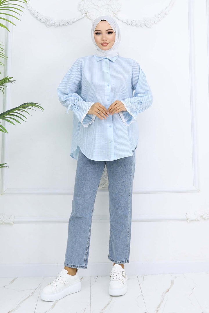 BNG Women Kolları Fisto Detaylı Çizgili Gömlek Turkuaz 2226 - Davie