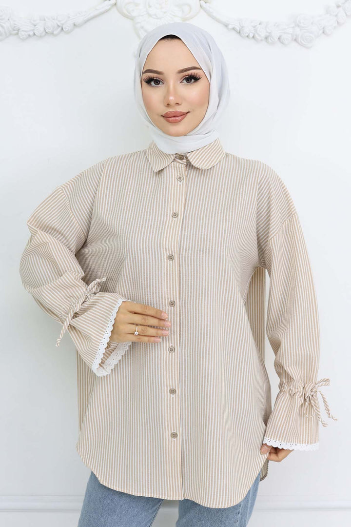 BNG Women Kolları Fisto Detaylı Çizgili Gömlek Vizon 2226 - DeLand