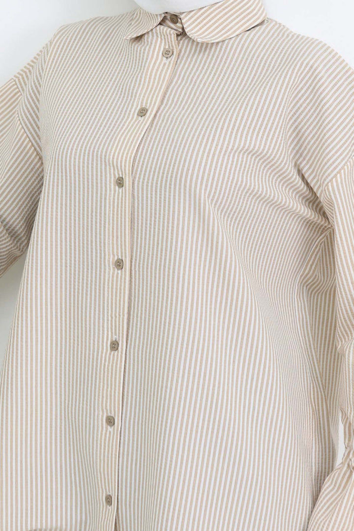 BNG Women Kolları Fisto Detaylı Çizgili Gömlek Vizon 2226 - DeLand