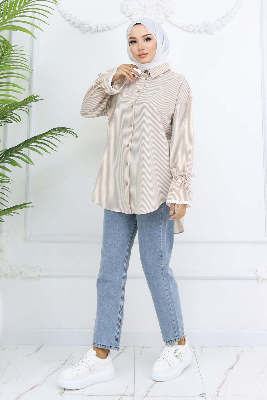 BNG Women Kolları Fisto Detaylı Çizgili Gömlek Vizon 2226 - DeLand