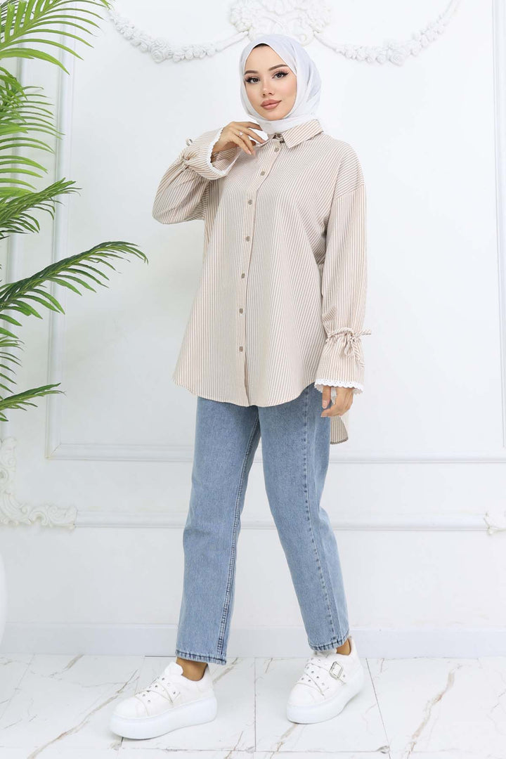 BNG Women Kolları Fisto Detaylı Çizgili Gömlek Vizon 2226 - DeLand