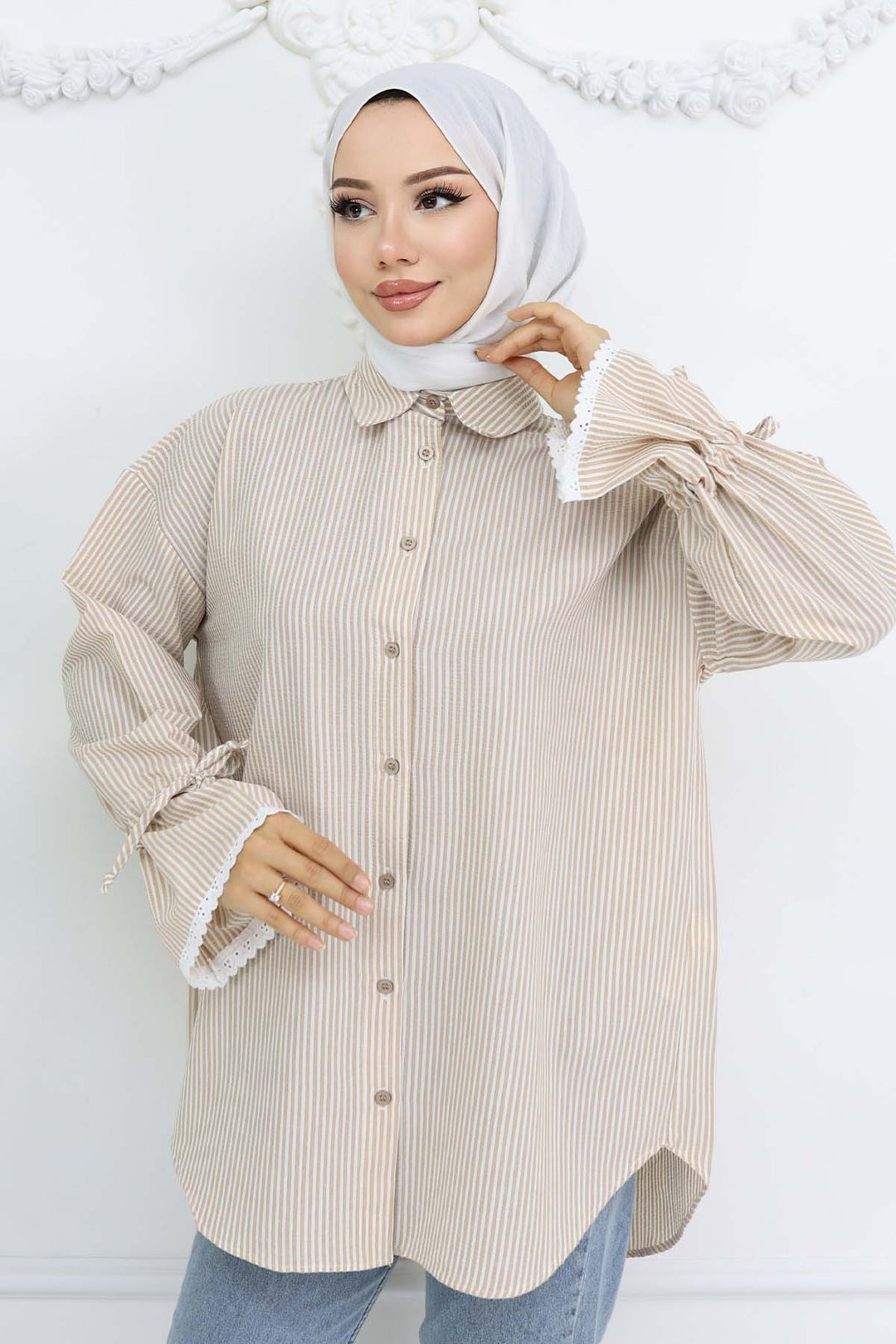 BNG Women Kolları Fisto Detaylı Çizgili Gömlek Vizon 2226 - DeLand