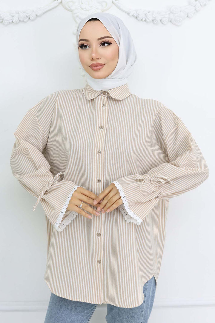 BNG Women Kolları Fisto Detaylı Çizgili Gömlek Vizon 2226 - DeLand