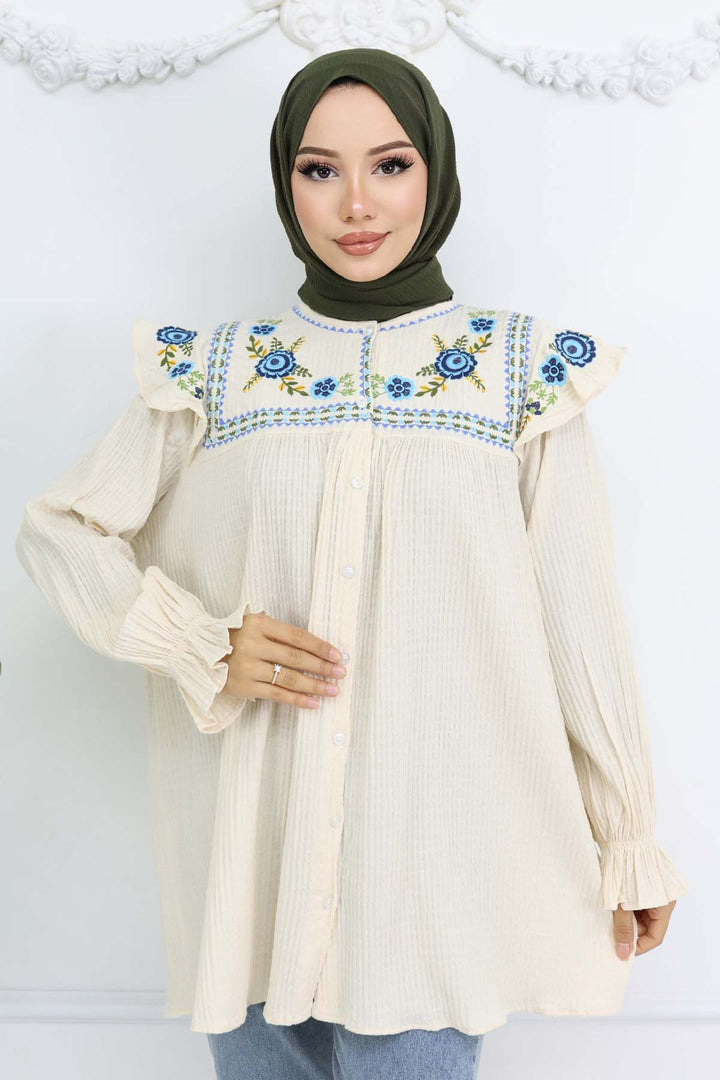 BNG Women Nakış Detaylı Gömlek Krem 2201 - San Mateo