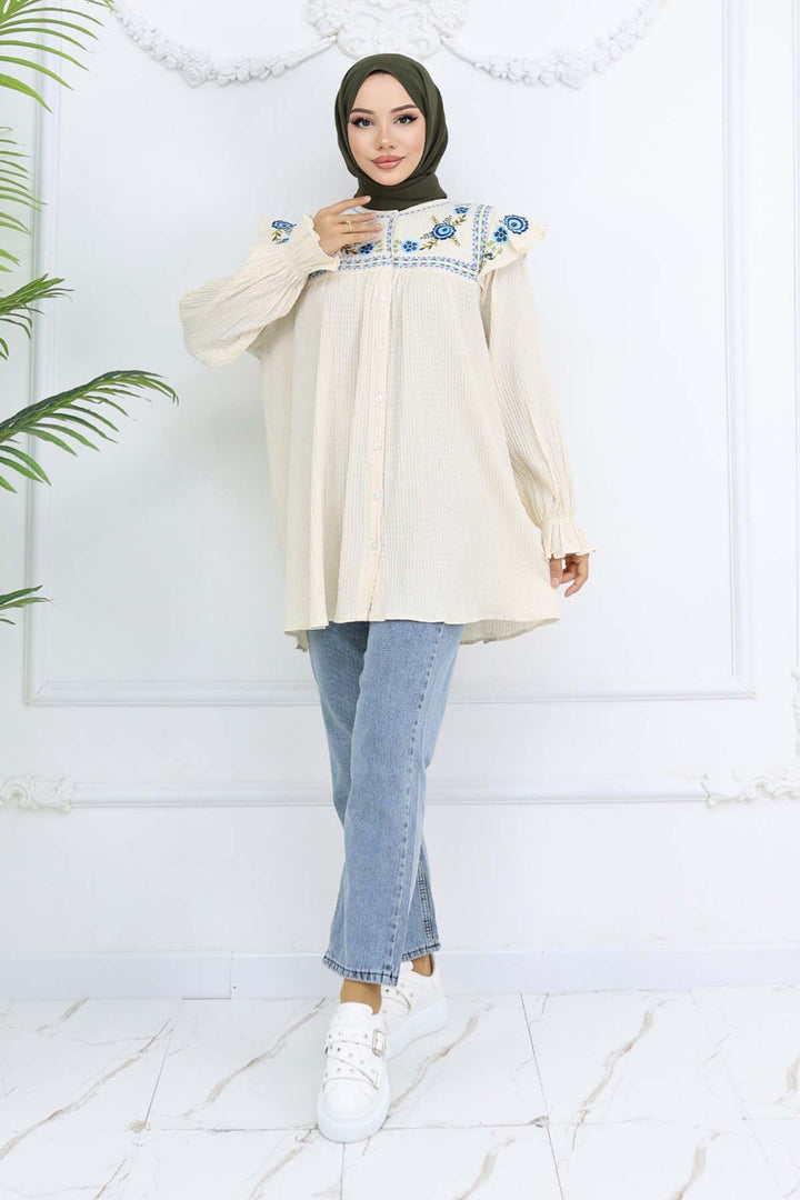BNG Women Nakış Detaylı Gömlek Krem 2201 - San Mateo