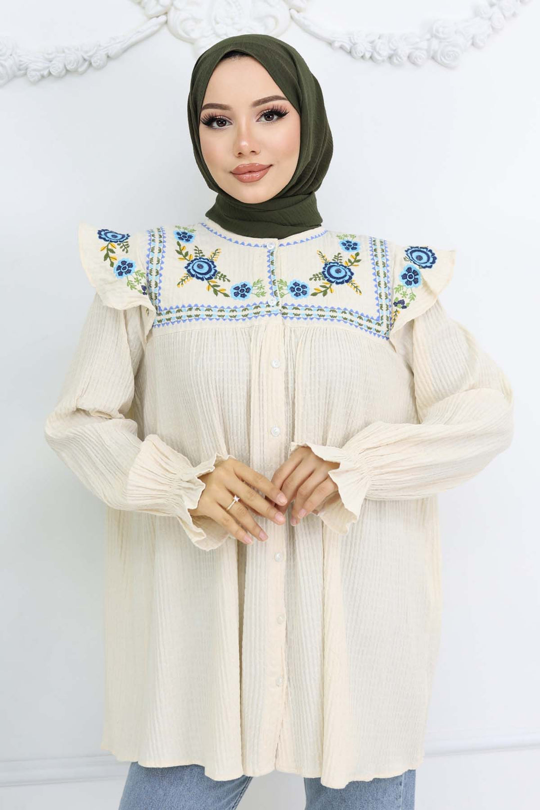 BNG Women Nakış Detaylı Gömlek Krem 2201 - San Mateo
