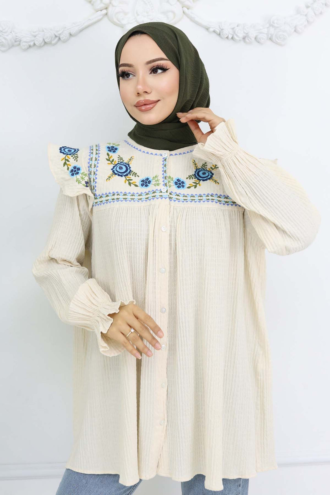 BNG Women Nakış Detaylı Gömlek Krem 2201 - San Mateo