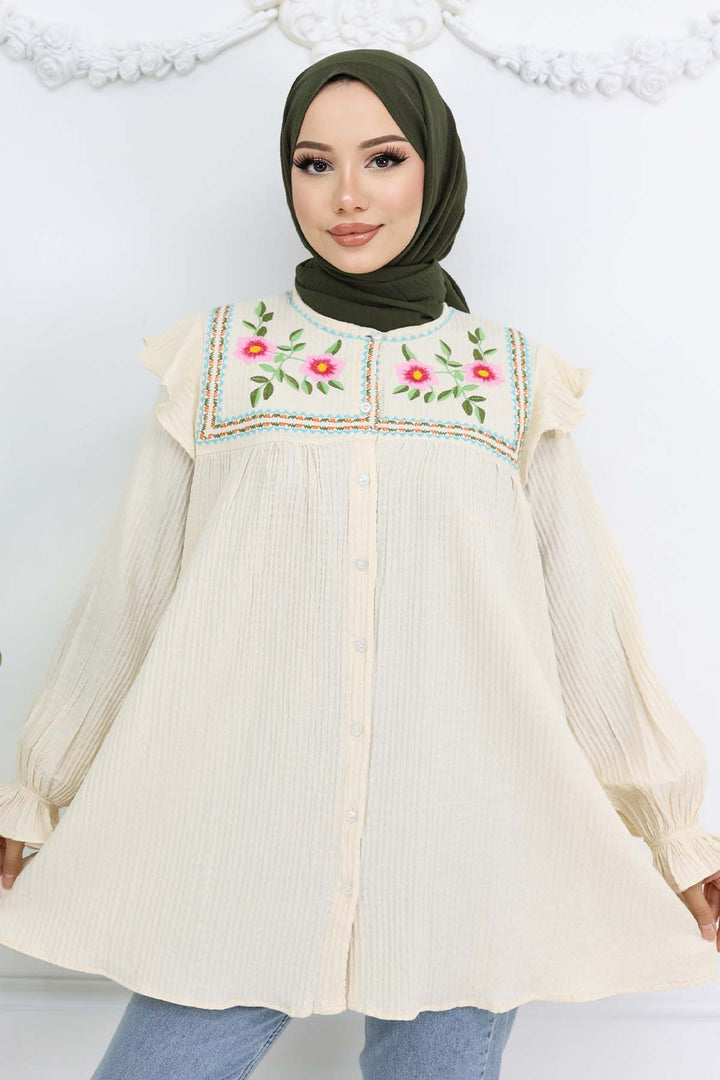 BNG Women Nakış Detaylı Gömlek Krem 2269 - Macuspana