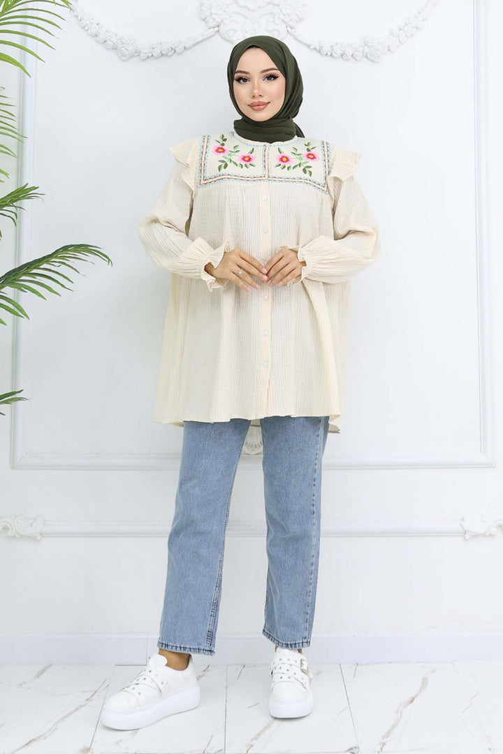 BNG Women Nakış Detaylı Gömlek Krem 2269 - Macuspana