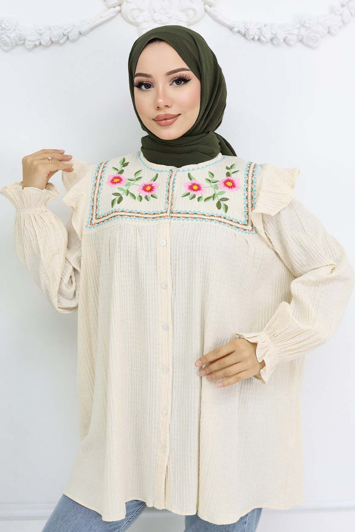 BNG Women Nakış Detaylı Gömlek Krem 2269 - Macuspana
