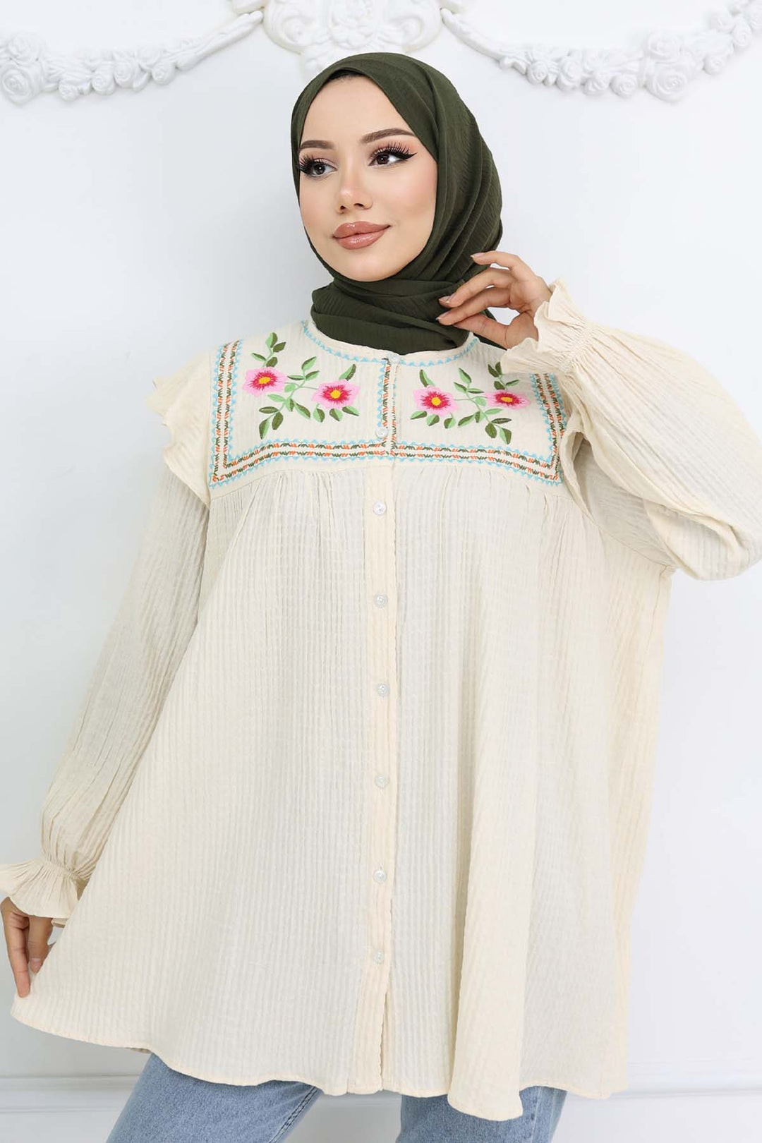 BNG Women Nakış Detaylı Gömlek Krem 2269 - Macuspana