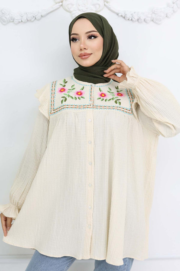 BNG Women Nakış Detaylı Gömlek Krem 2269 - Macuspana