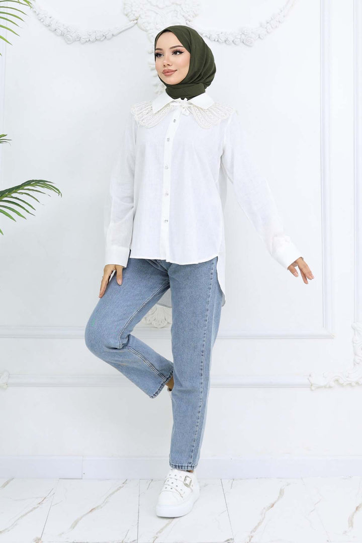 BNG Women Lace Detailed Baby Collared Shirt Ecru 2214 - Gosport