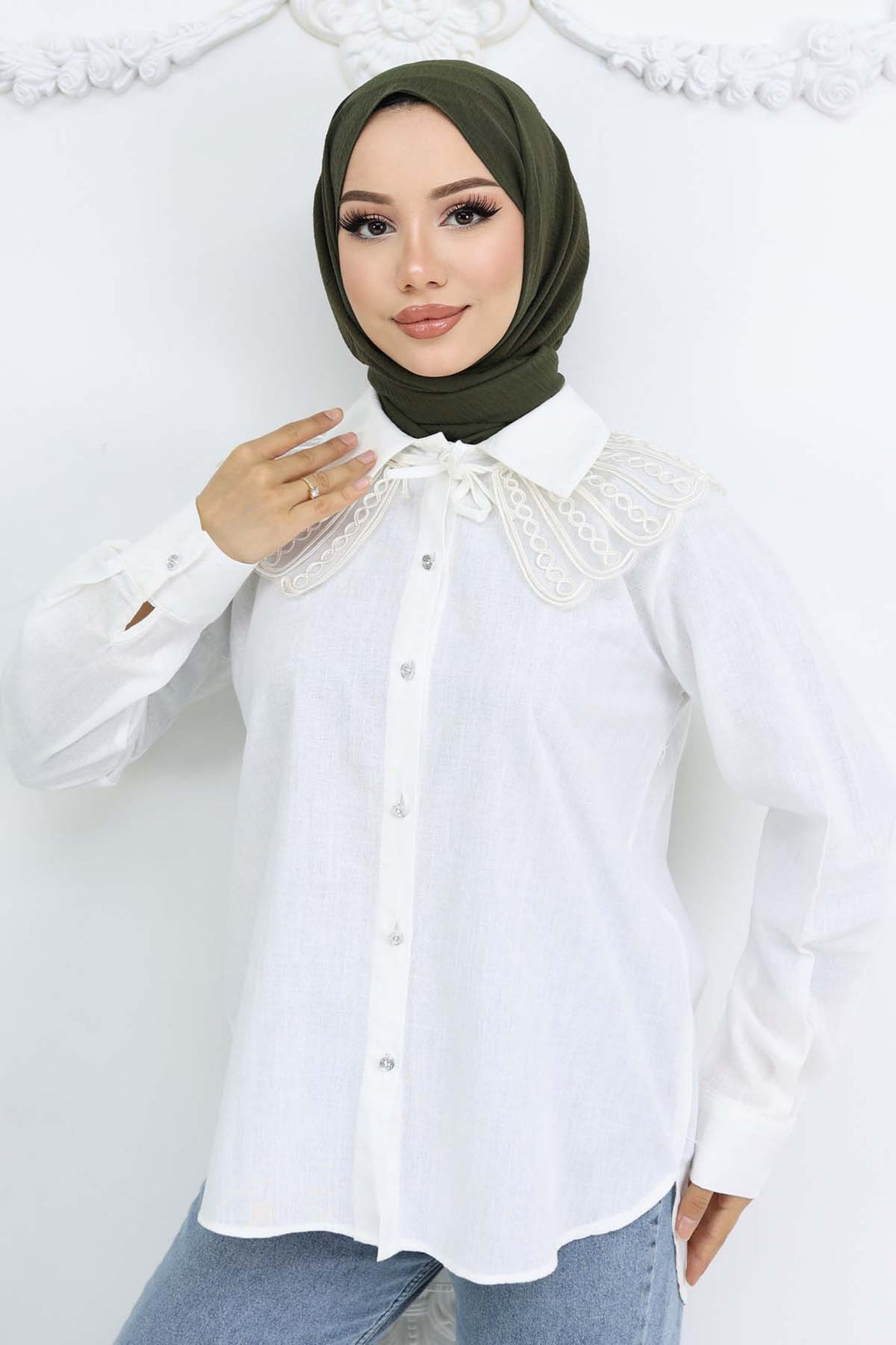 BNG Women Lace Detailed Baby Collared Shirt Ecru 2214 - Gosport
