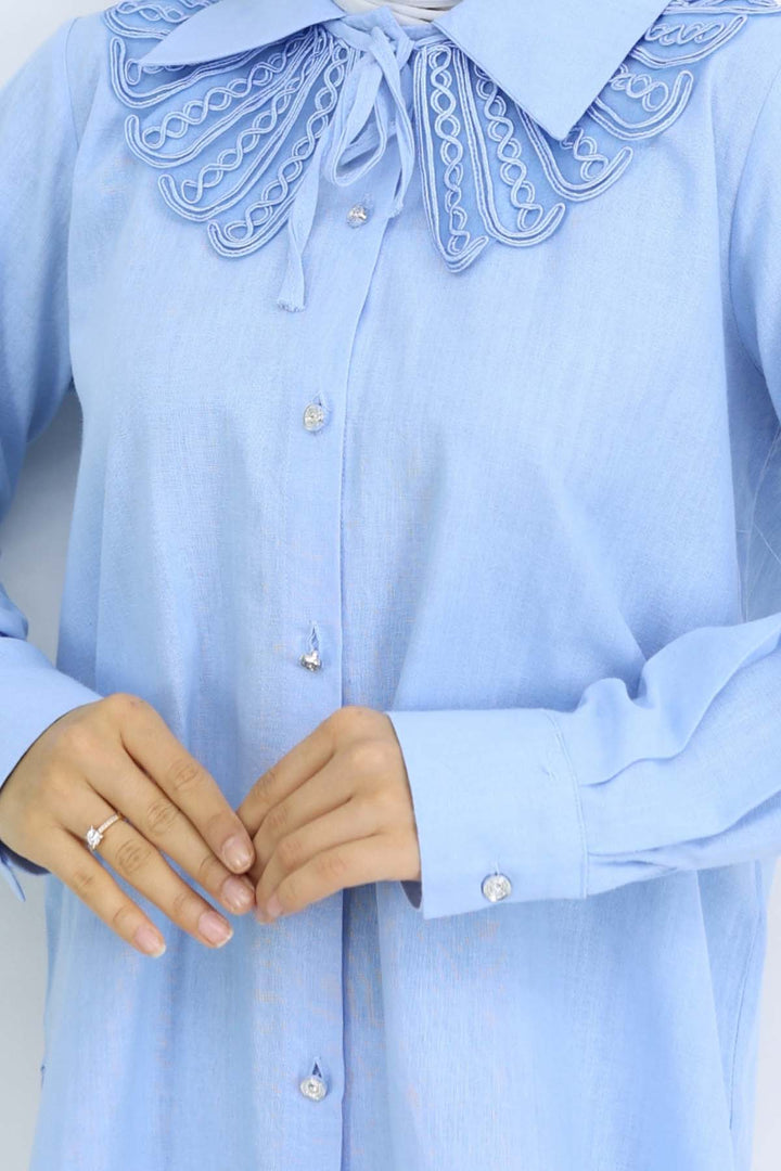 BNG Women Lace Detailed Baby Collared Shirt Blue 2214 - Medford