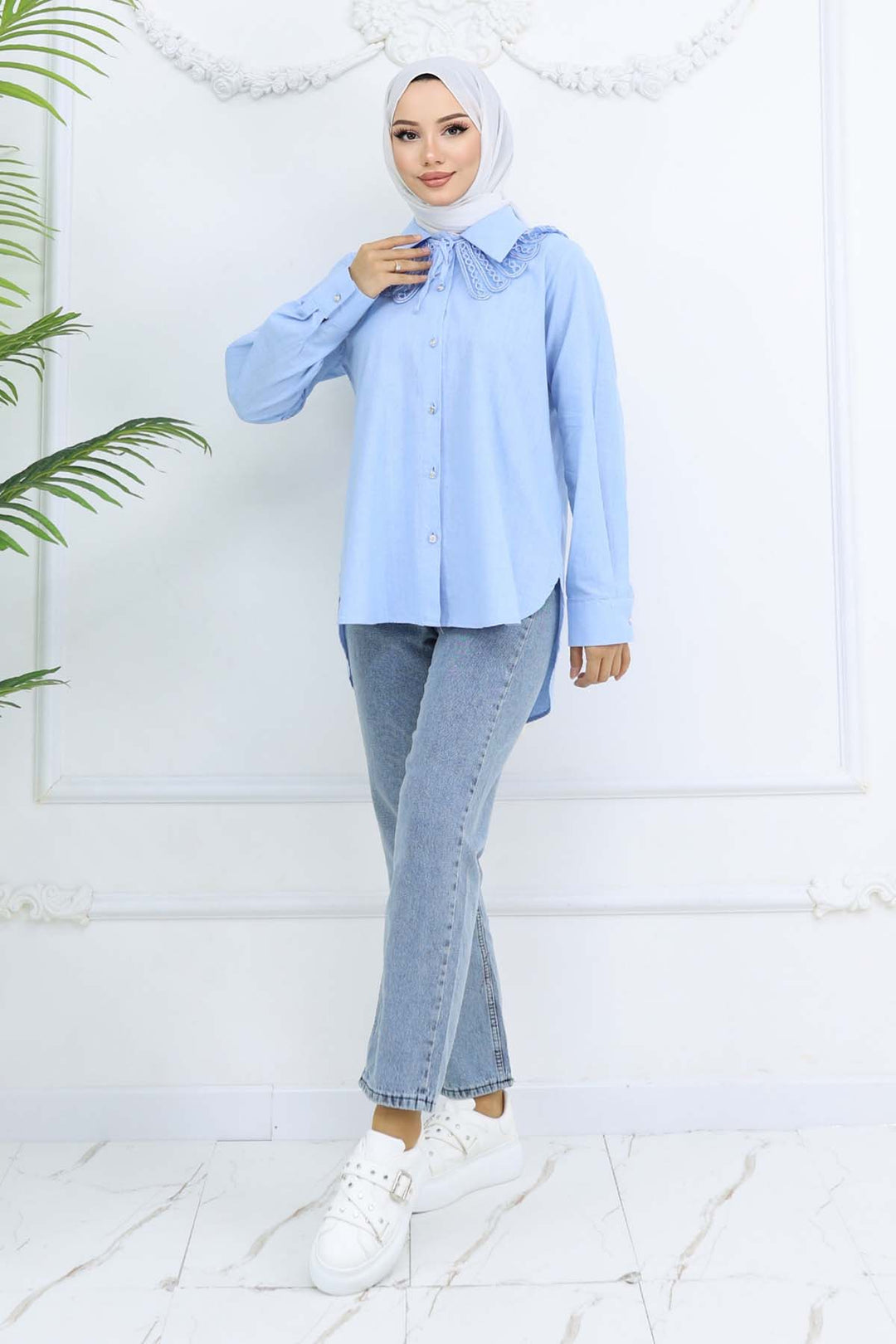 BNG Women Lace Detailed Baby Collared Shirt Blue 2214 - Medford