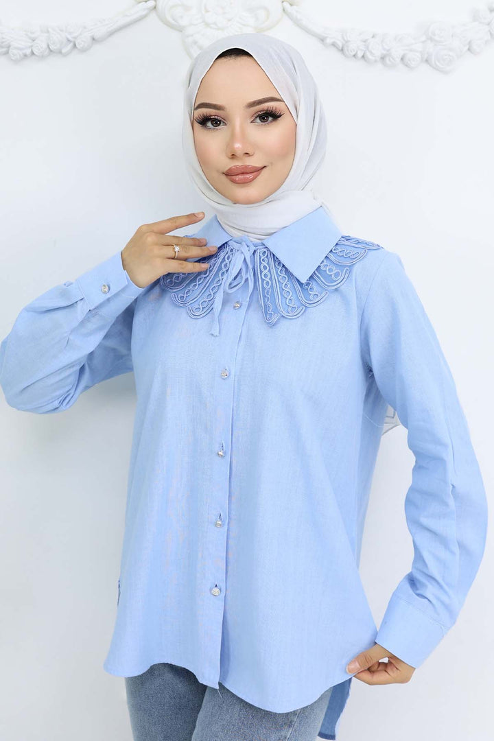 BNG Women Lace Detailed Baby Collared Shirt Blue 2214 - Medford