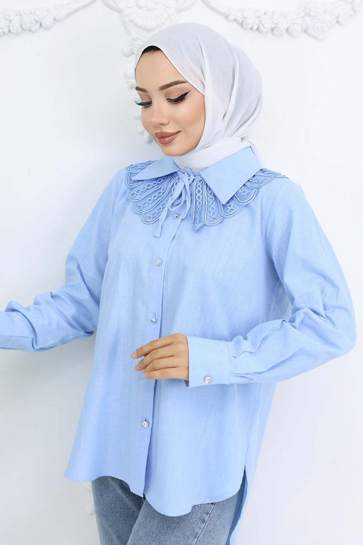 BNG Women Lace Detailed Baby Collared Shirt Blue 2214 - Medford