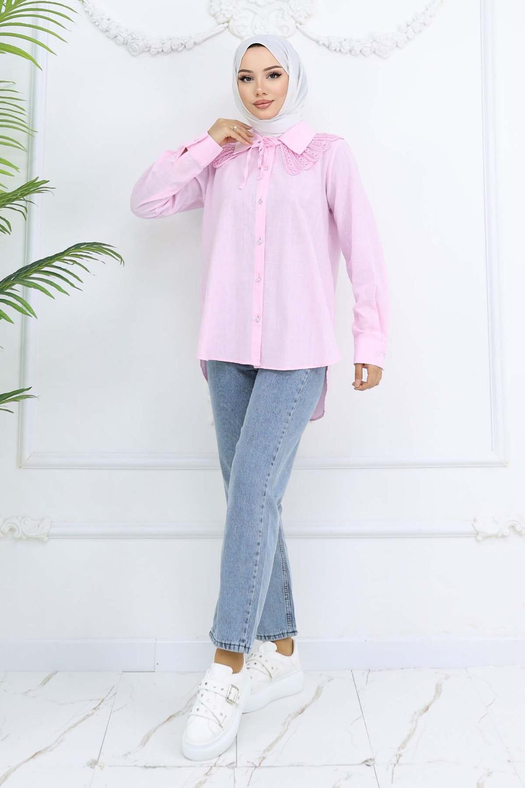 BNG Women Lace Detailed Baby Collared Shirt Pink 2214 - West Babylon