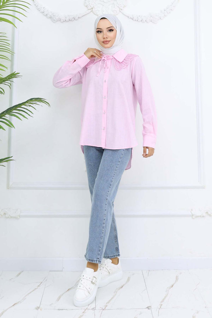BNG Women Lace Detailed Baby Collared Shirt Pink 2214 - West Babylon