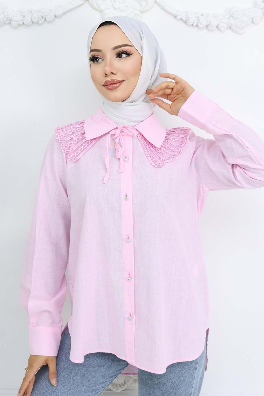 BNG Women Lace Detailed Baby Collared Shirt Pink 2214 - West Babylon