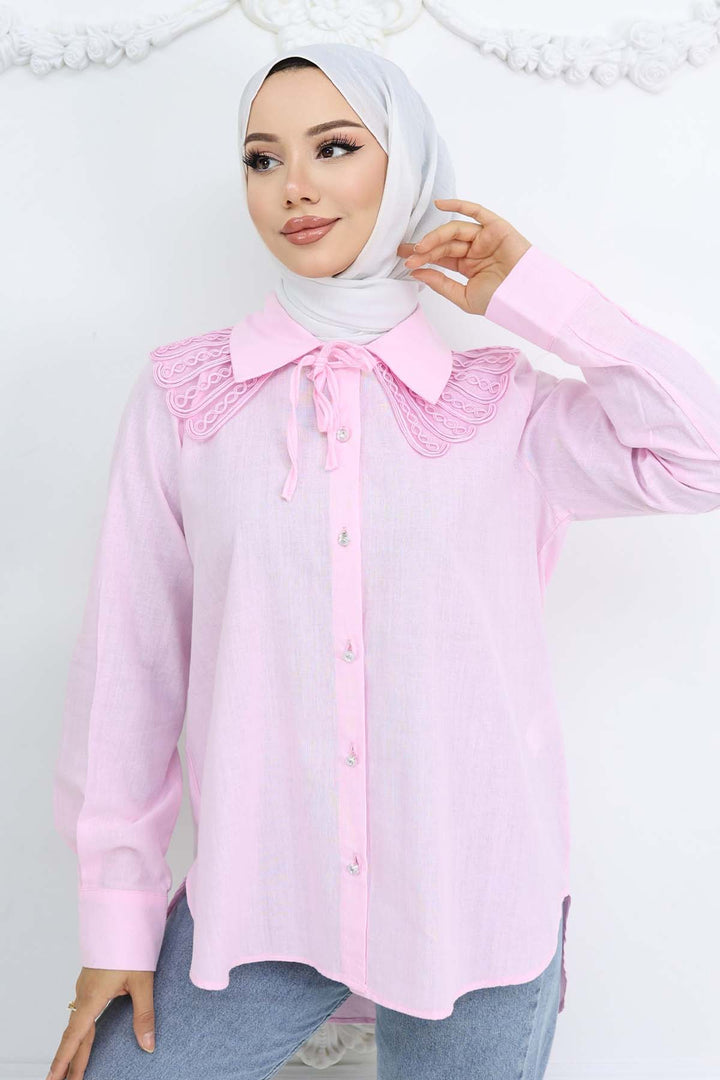 BNG Women Lace Detailed Baby Collared Shirt Pink 2214 - West Babylon