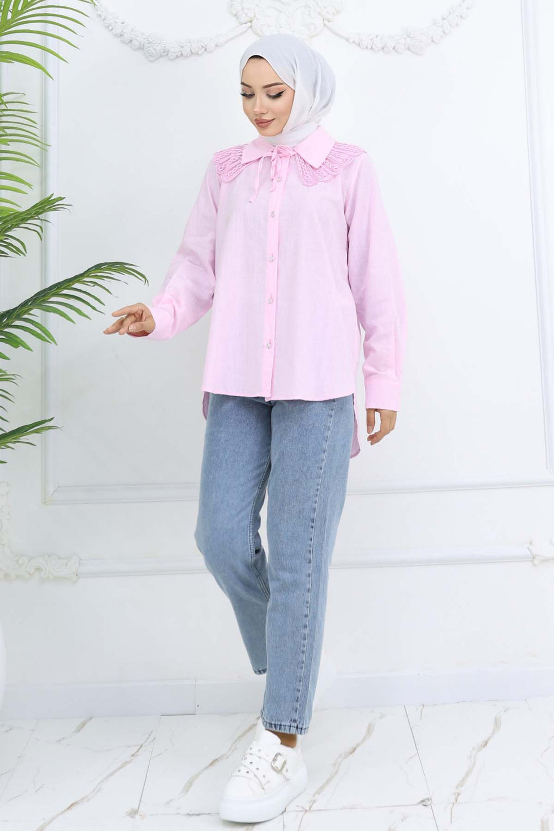 BNG Women Lace Detailed Baby Collared Shirt Pink 2214 - West Babylon