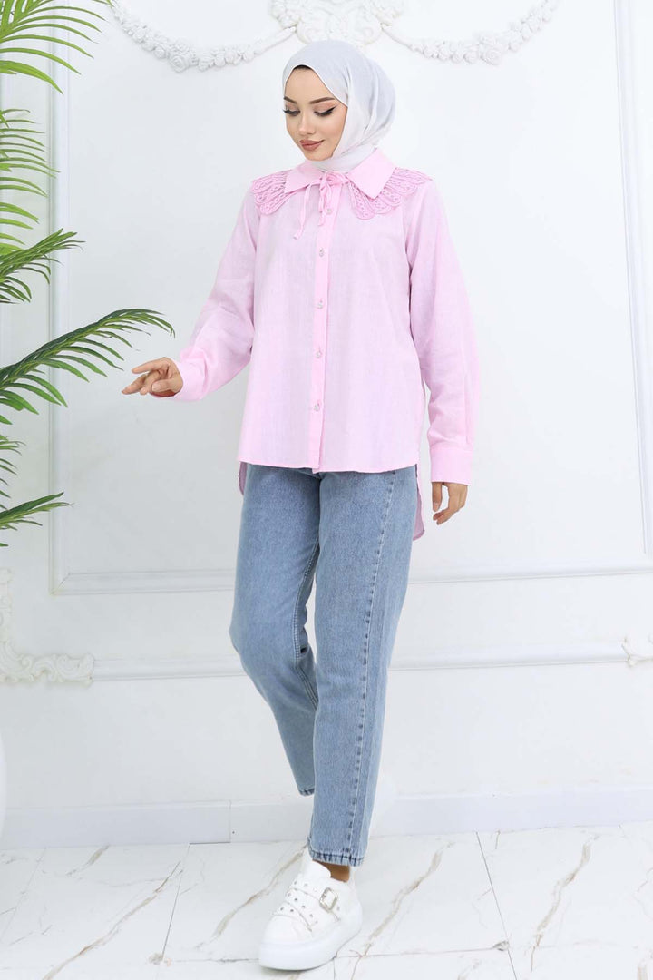 BNG Women Lace Detailed Baby Collared Shirt Pink 2214 - West Babylon