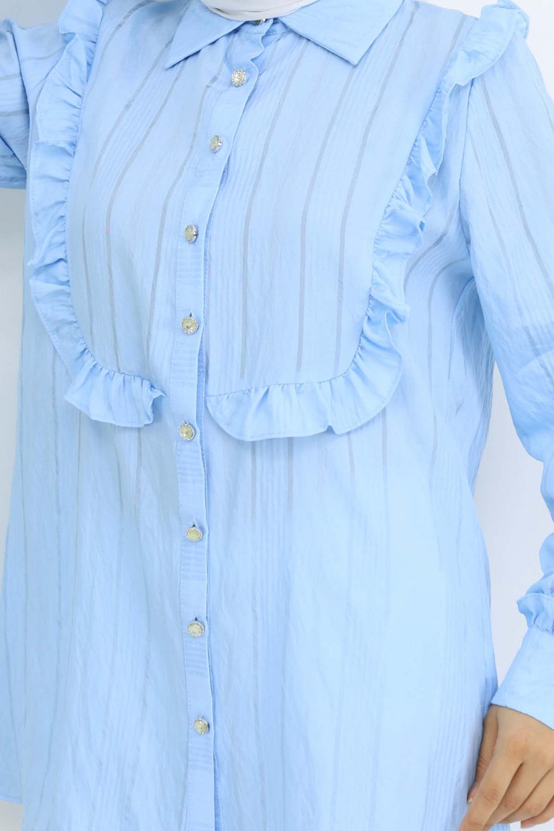 BNG Women Fırfır Detaylı Kendinden Desenli Gömlek Bebe Mavisi 2235 - Yeovil