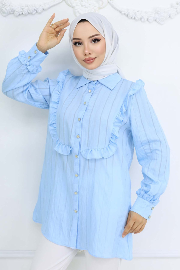 BNG Women Fırfır Detaylı Kendinden Desenli Gömlek Bebe Mavisi 2235 - Yeovil