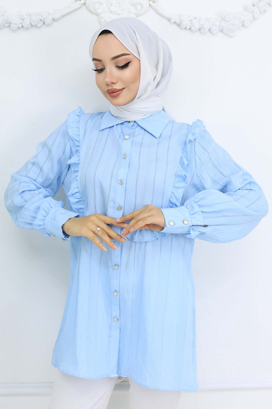 BNG Women Fırfır Detaylı Kendinden Desenli Gömlek Bebe Mavisi 2235 - Yeovil