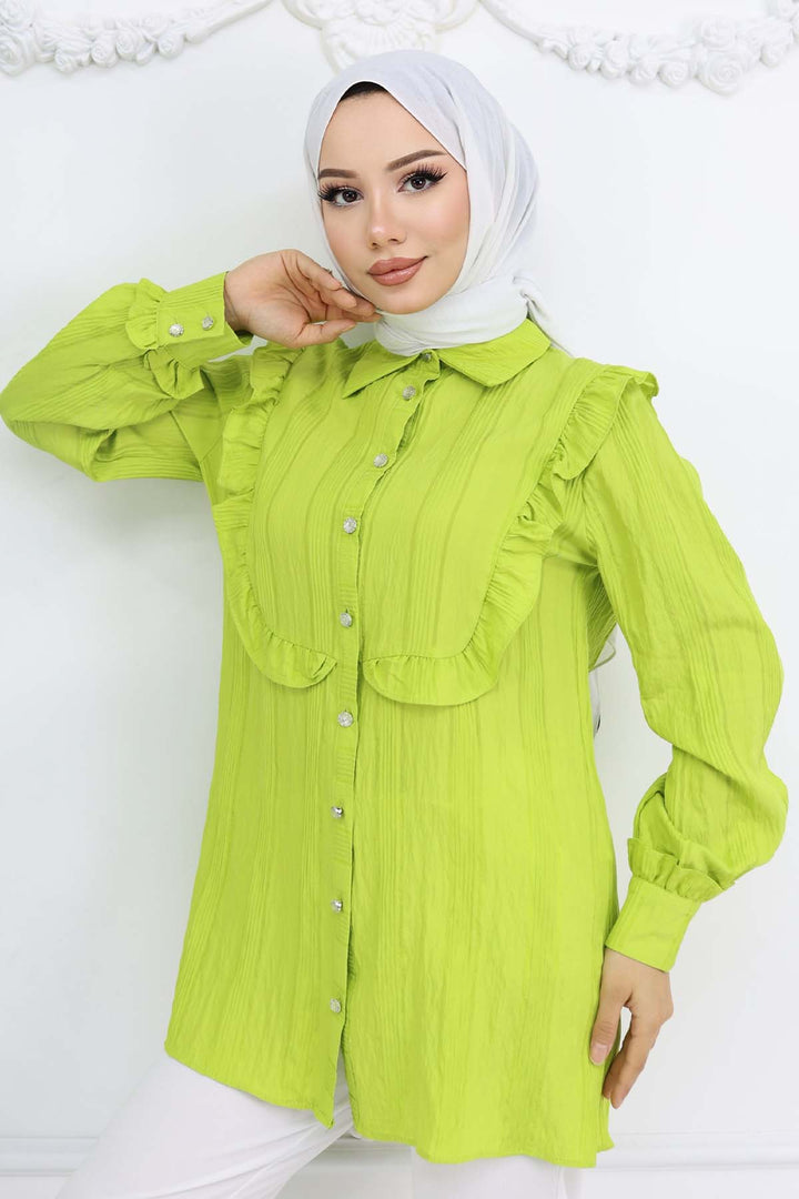 BNG Women Fırfır Detaylı Kendinden Desenli Gömlek Fıstık Yeşili 2235 - Ponce