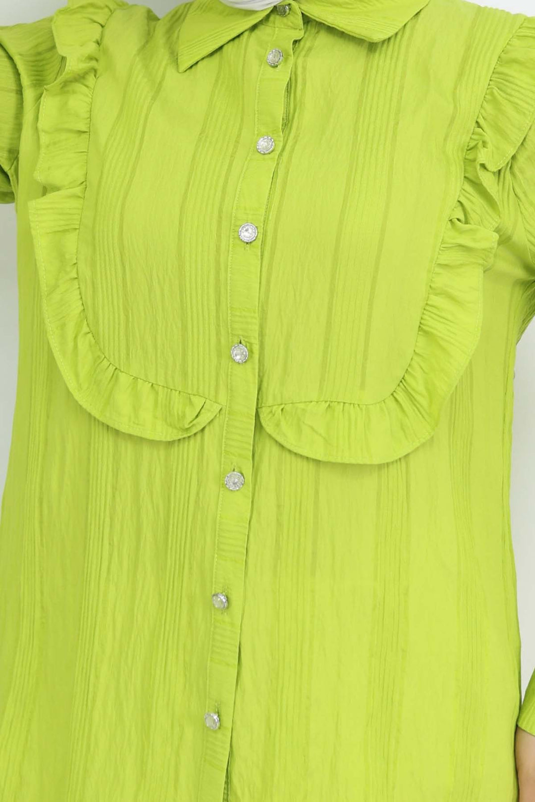 BNG Women Fırfır Detaylı Kendinden Desenli Gömlek Fıstık Yeşili 2235 - Ponce