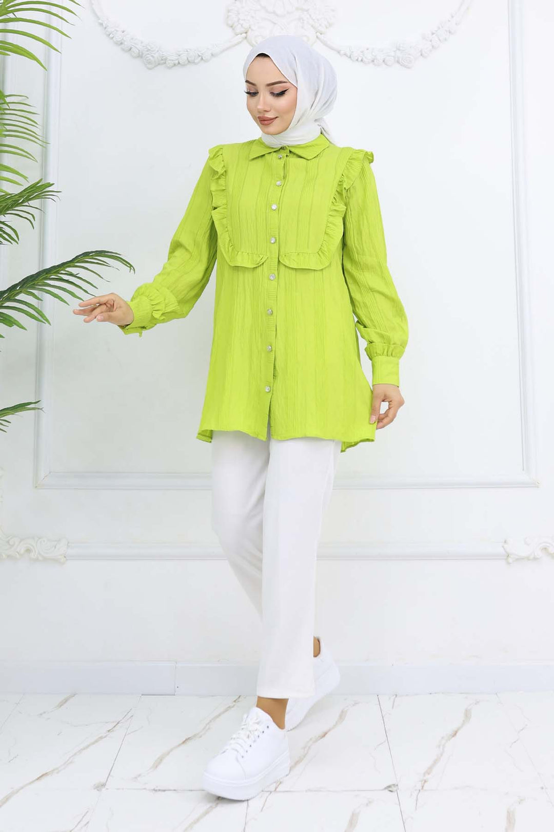 BNG Women Fırfır Detaylı Kendinden Desenli Gömlek Fıstık Yeşili 2235 - Ponce