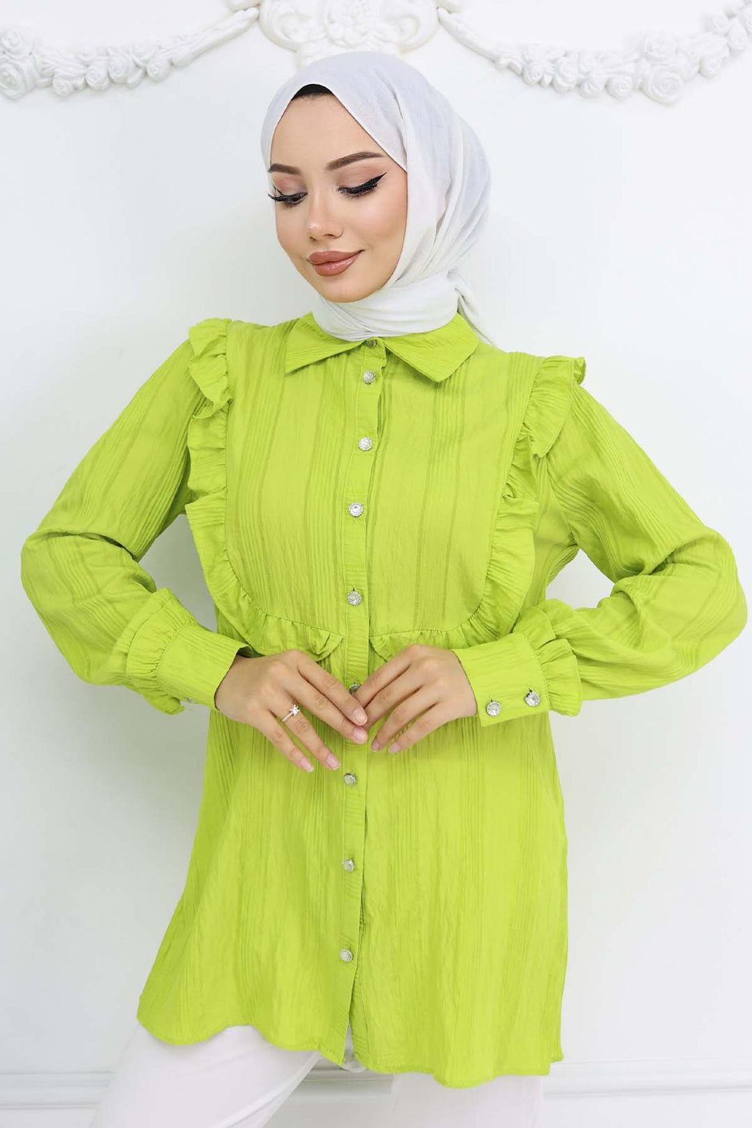 BNG Women Fırfır Detaylı Kendinden Desenli Gömlek Fıstık Yeşili 2235 - Ponce