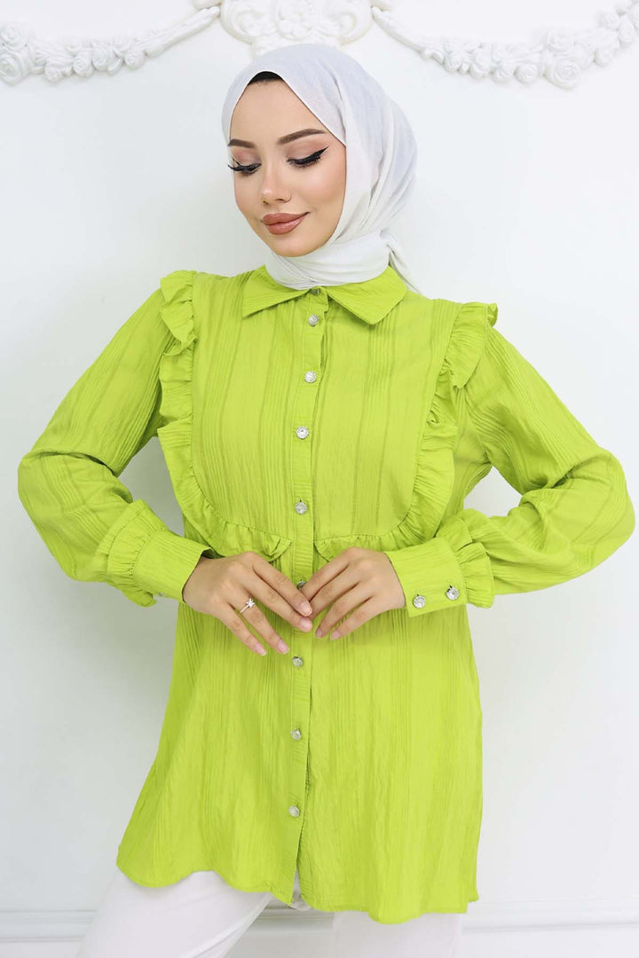 BNG Women Fırfır Detaylı Kendinden Desenli Gömlek Fıstık Yeşili 2235 - Ponce