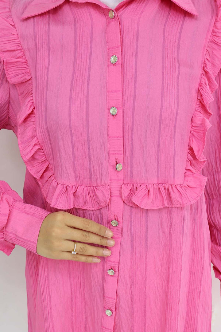 BNG Women Fırfır Detaylı Kendinden Desenli Gömlek Fuşya 2235 - Walkden