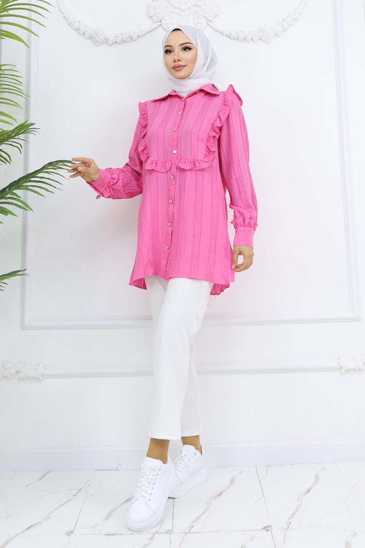 BNG Women Fırfır Detaylı Kendinden Desenli Gömlek Fuşya 2235 - Walkden