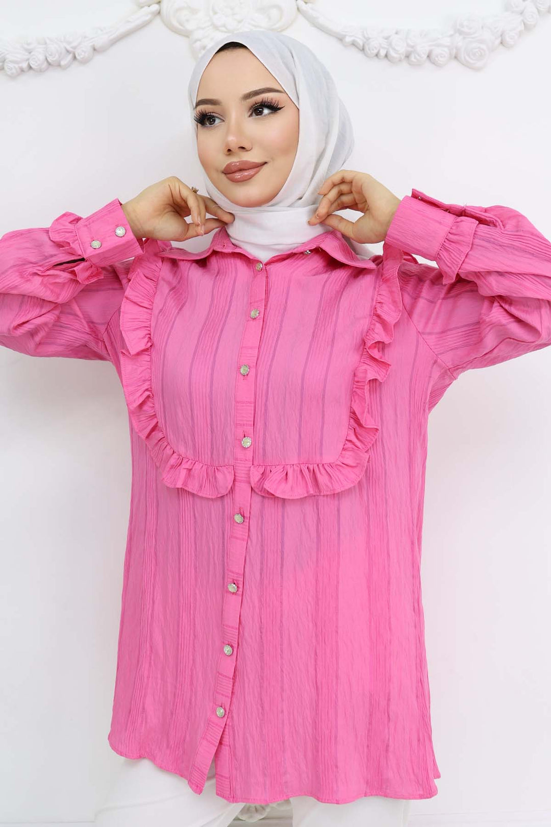 BNG Women Fırfır Detaylı Kendinden Desenli Gömlek Fuşya 2235 - Walkden