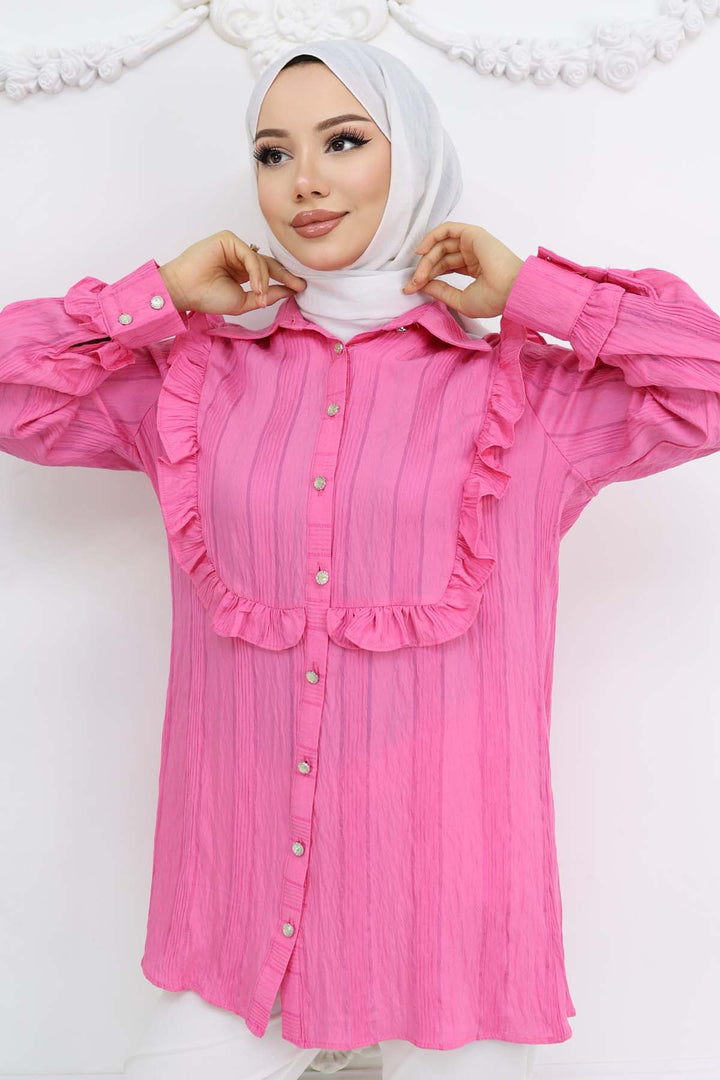 BNG Women Fırfır Detaylı Kendinden Desenli Gömlek Fuşya 2235 - Walkden