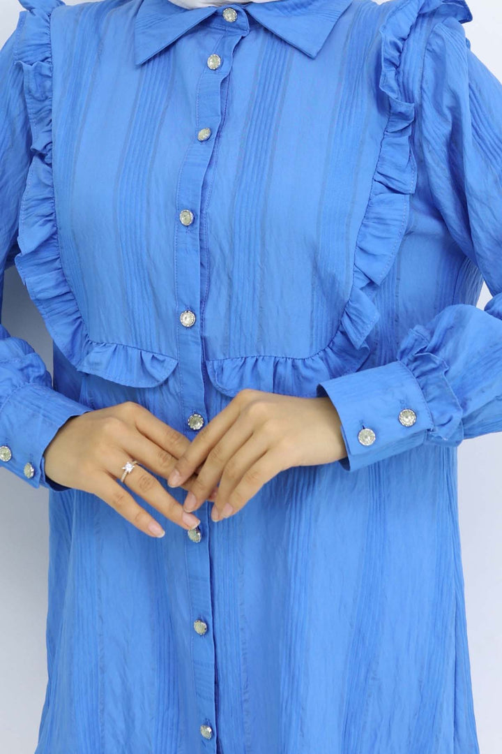 BNG Women Fırfır Detaylı Kendinden Desenli Gömlek Saks Mavisi 2235 - Abbotsford