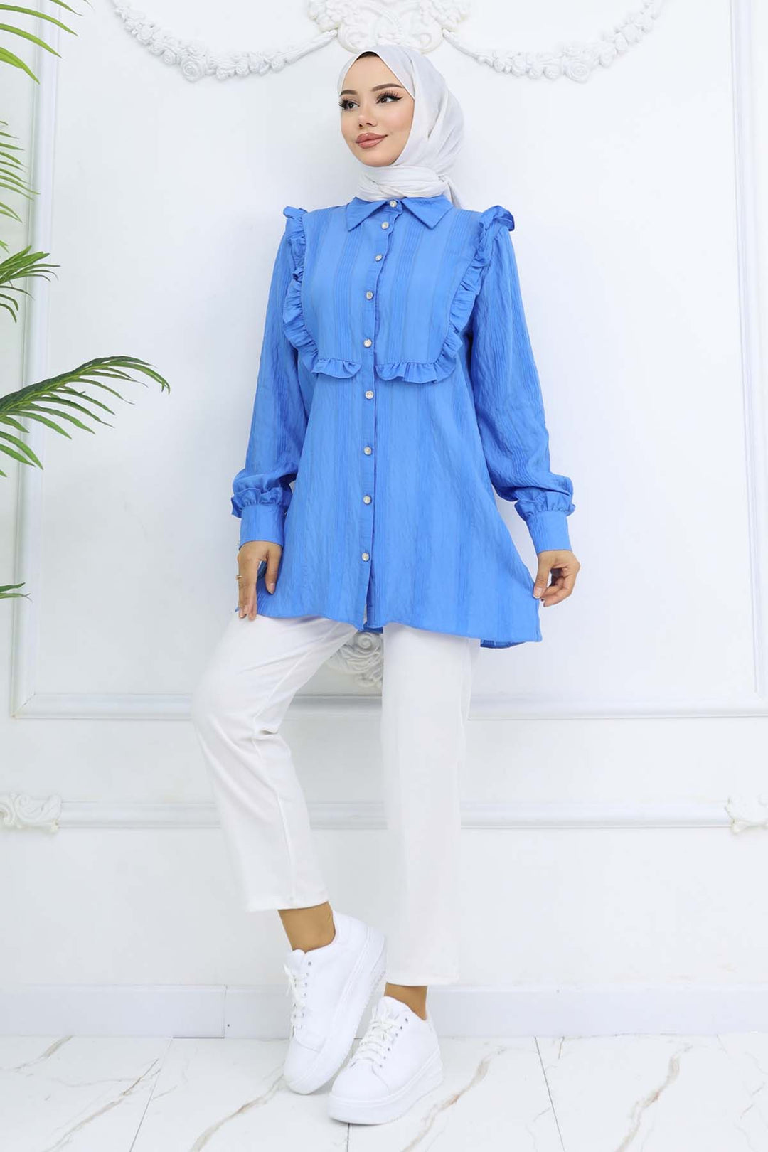 BNG Women Fırfır Detaylı Kendinden Desenli Gömlek Saks Mavisi 2235 - Abbotsford