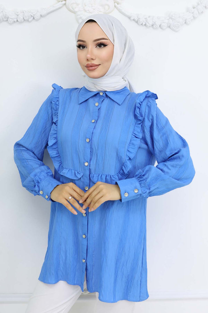 BNG Women Fırfır Detaylı Kendinden Desenli Gömlek Saks Mavisi 2235 - Abbotsford