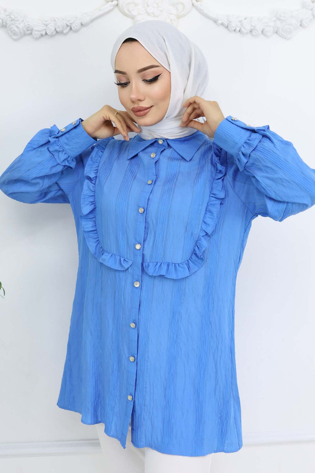 BNG Women Fırfır Detaylı Kendinden Desenli Gömlek Saks Mavisi 2235 - Abbotsford