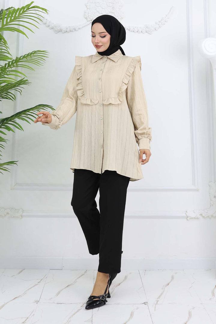 BNG Women Fırfır Detaylı Kendinden Desenli Gömlek Taş Rengi 2235 - Las Vegas