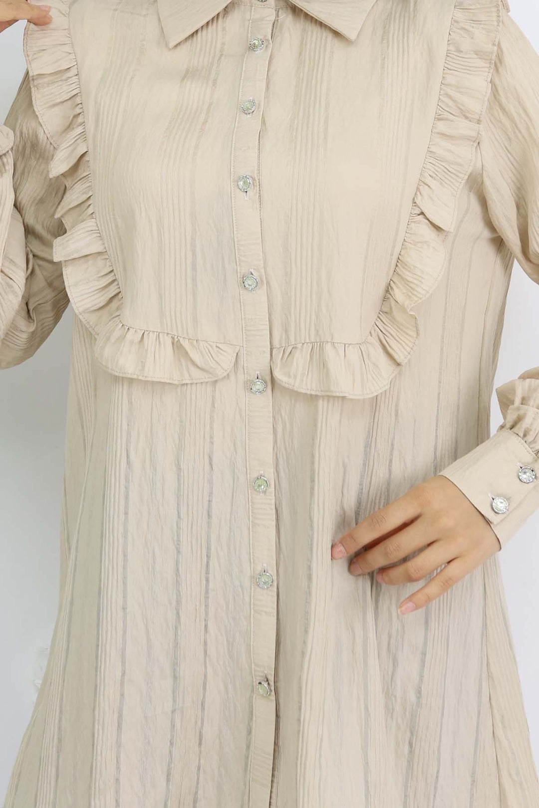 BNG Women Fırfır Detaylı Kendinden Desenli Gömlek Taş Rengi 2235 - Las Vegas