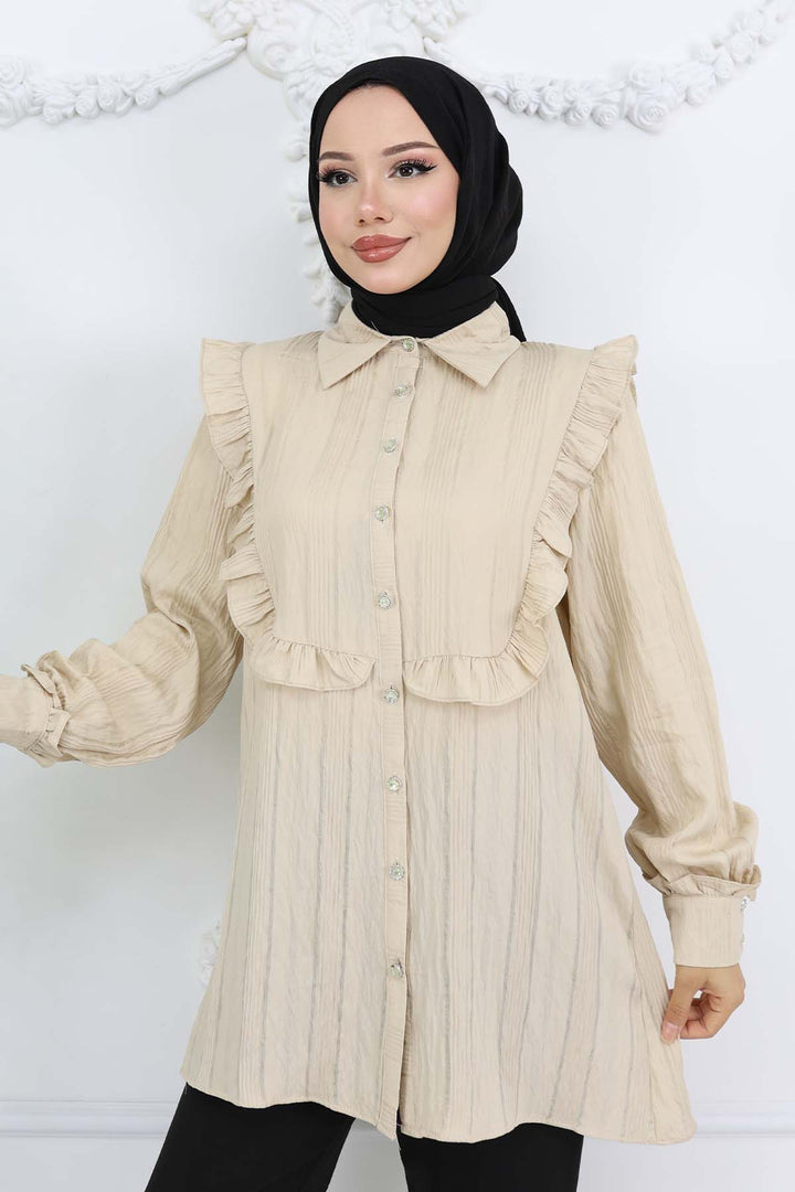 BNG Women Fırfır Detaylı Kendinden Desenli Gömlek Taş Rengi 2235 - Las Vegas