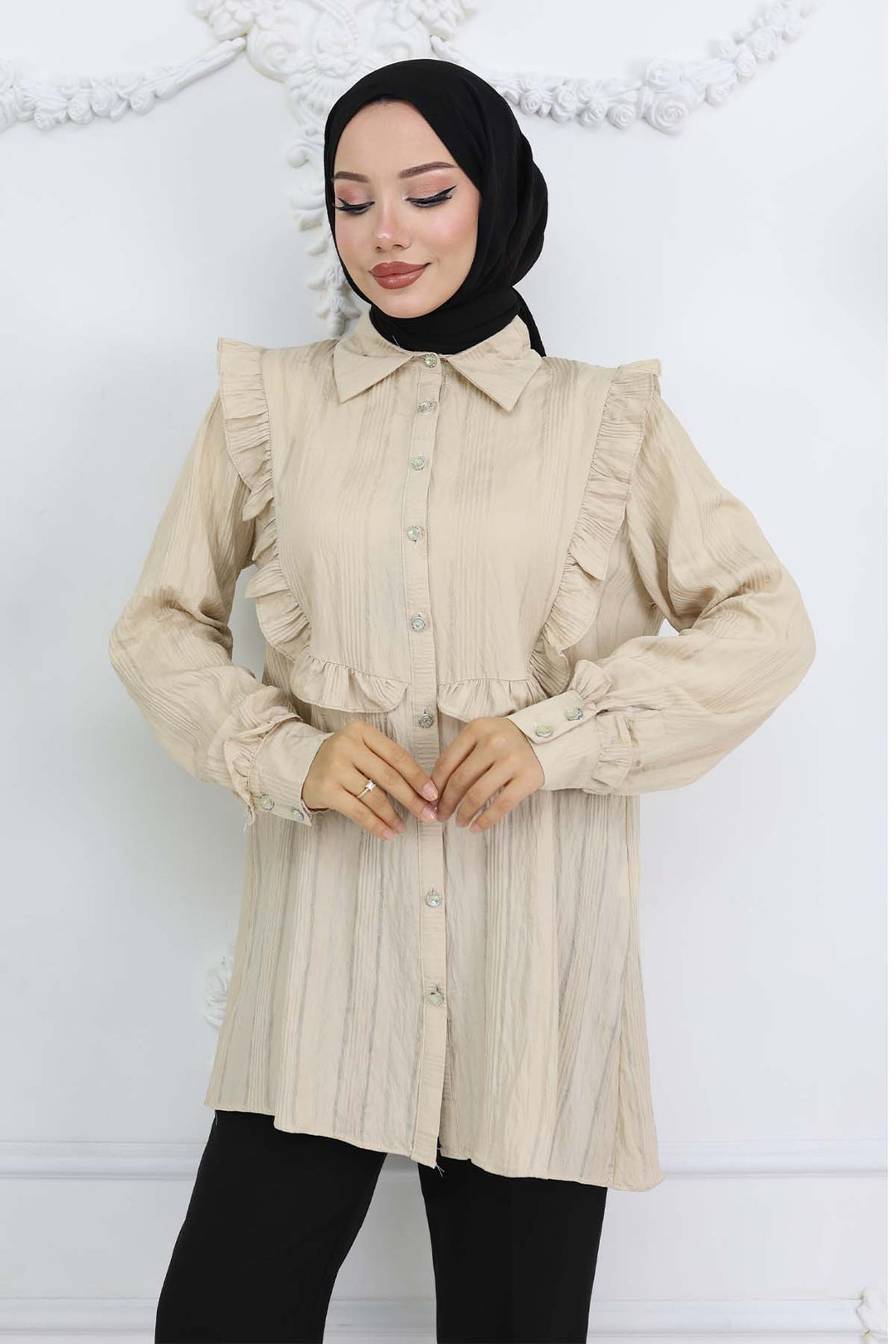 BNG Women Fırfır Detaylı Kendinden Desenli Gömlek Taş Rengi 2235 - Las Vegas