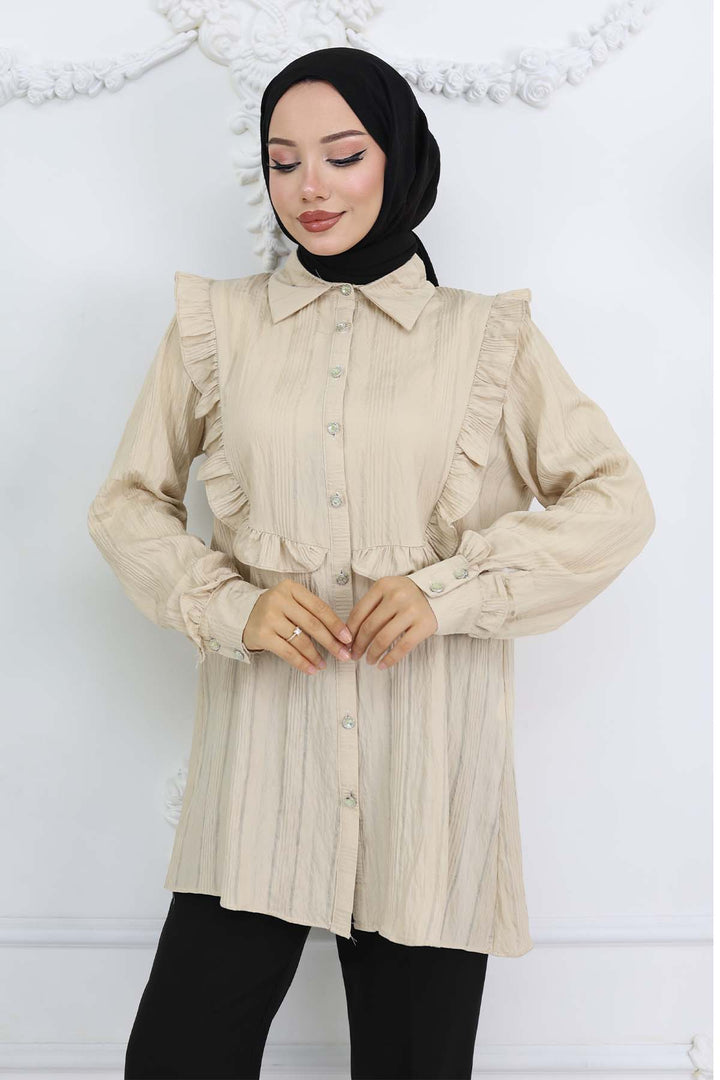 BNG Women Fırfır Detaylı Kendinden Desenli Gömlek Taş Rengi 2235 - Las Vegas